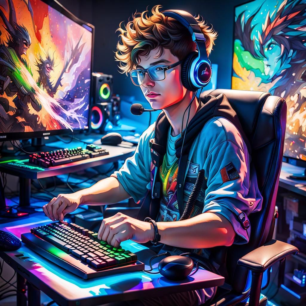 Vibrant Nighttime Gaming Scene in Hyper-Detailed Cyberpunk S...