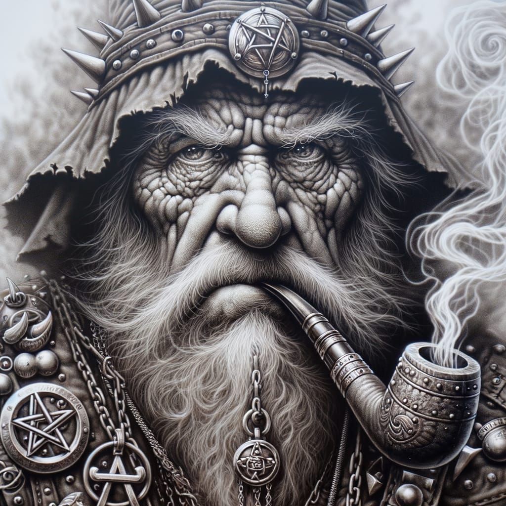 Grumpy Wizard with Metal Symbols in Smokey Haze