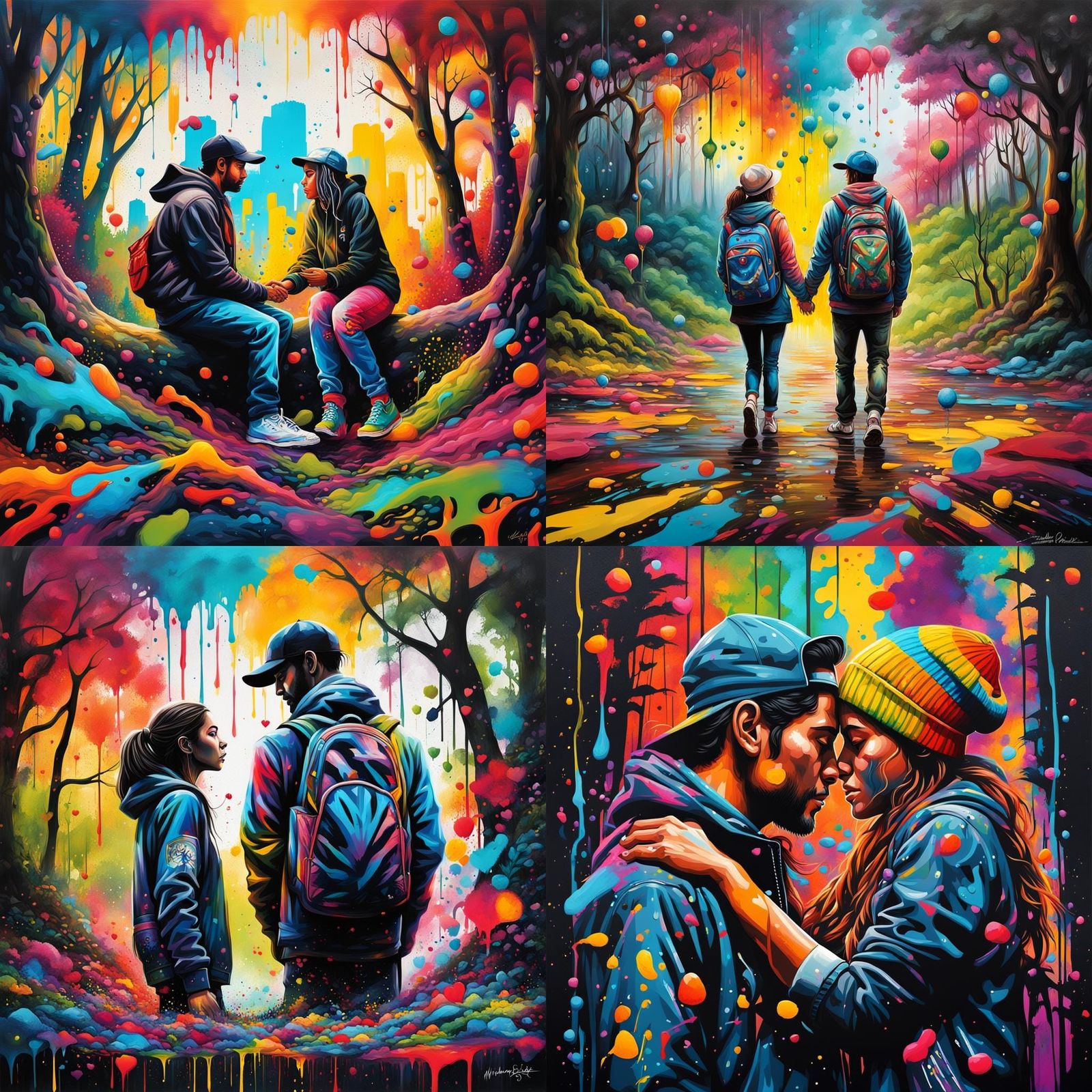 Colombian Lovers Embracing in a Vibrant Street Art Landscape