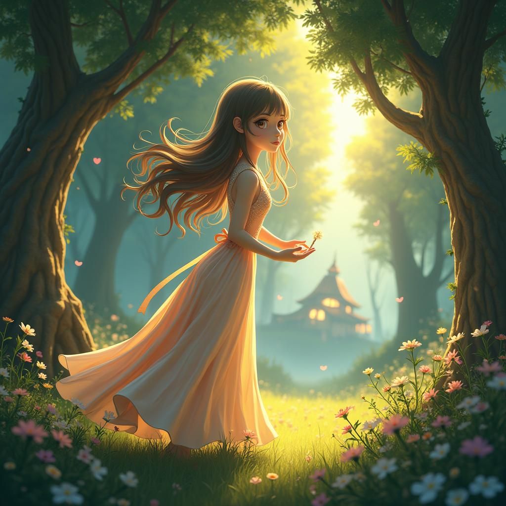 Enchanted Village Girl with Golden Key Standing in Front of....