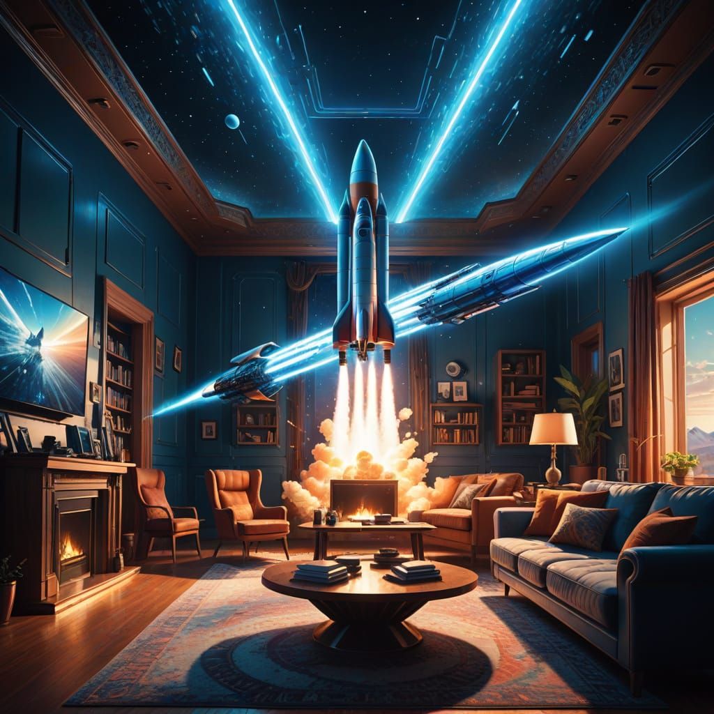 Sci-Fi Living Room with Rocket Hologram in Digital Art