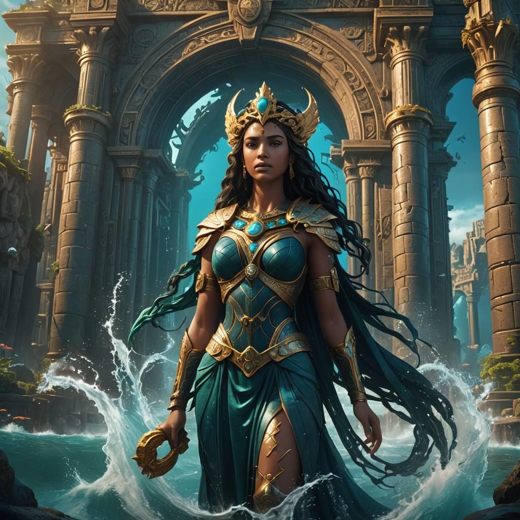 Majestic Goddess of Atlantis Amidst Submerged Majesty