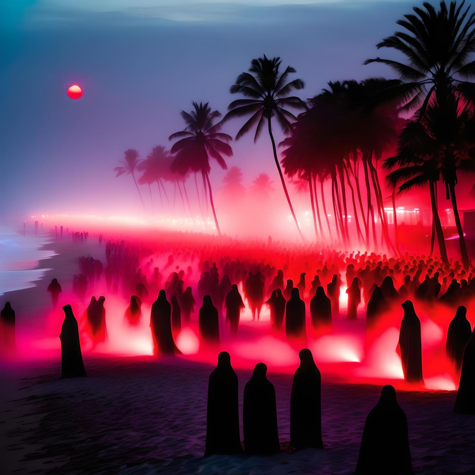 Glowing Ghosts Emerge from Misty Beach at Dusk