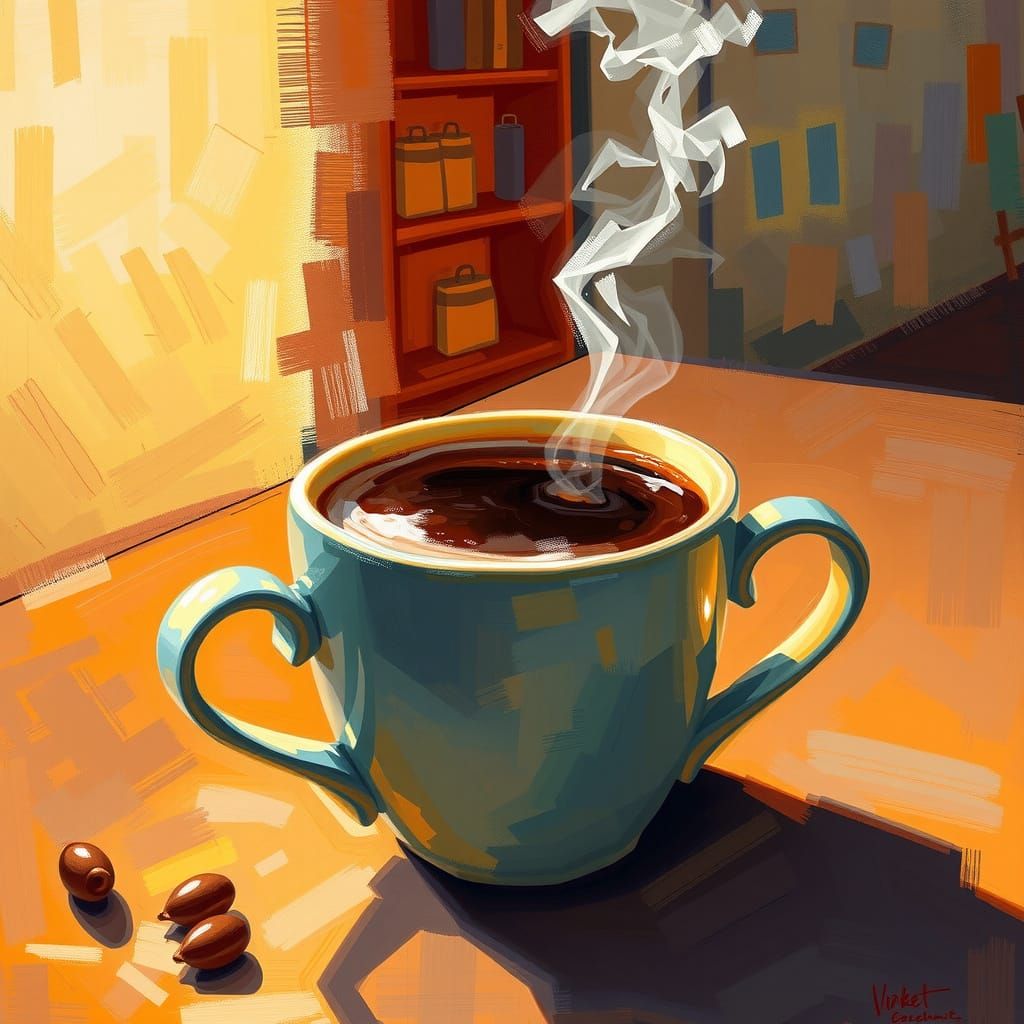 Impressionistic Steaming Coffee Cup with Rich Aroma