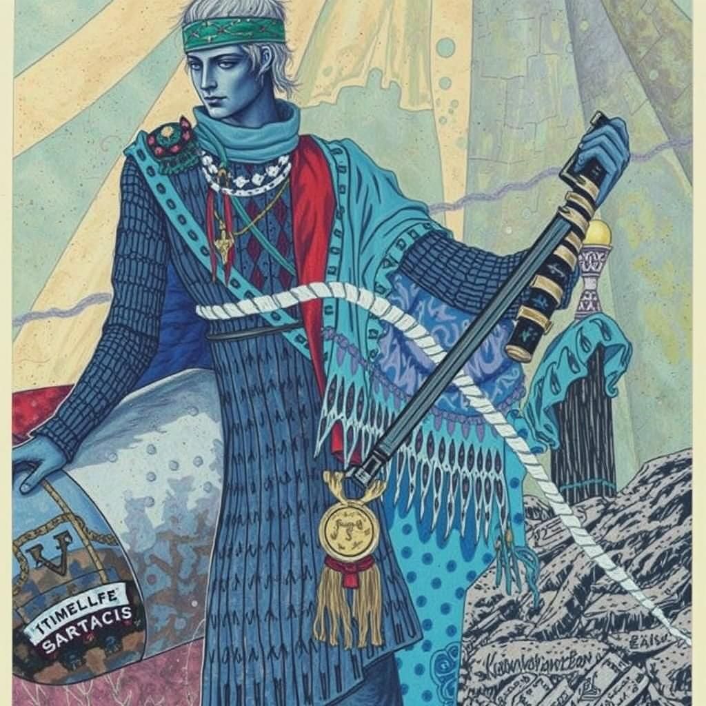 Vibrant Warrior in Opulent Fashion Against Gothic Background