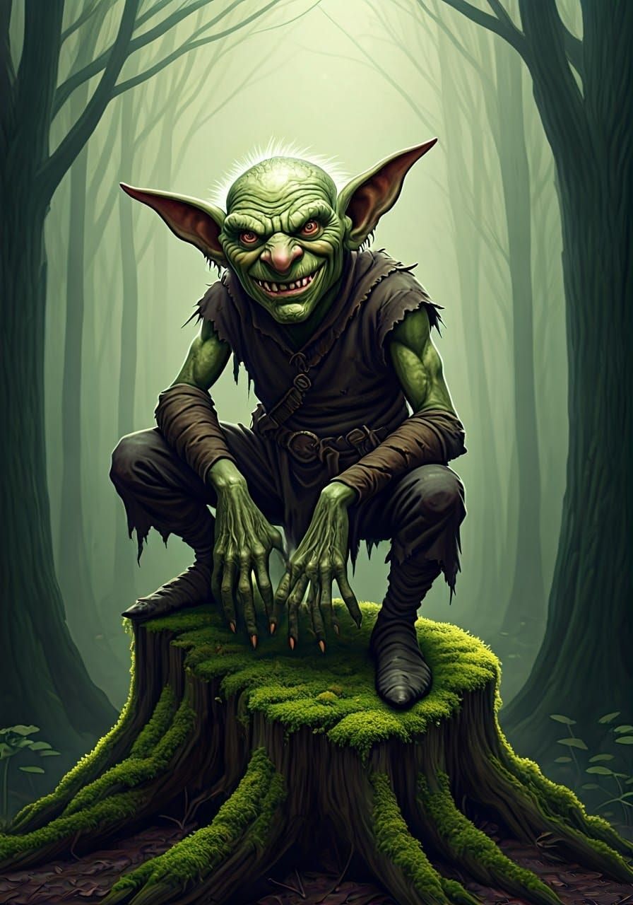 Mystical Goblin in a Misty Forest, in a Style of Brian Froud