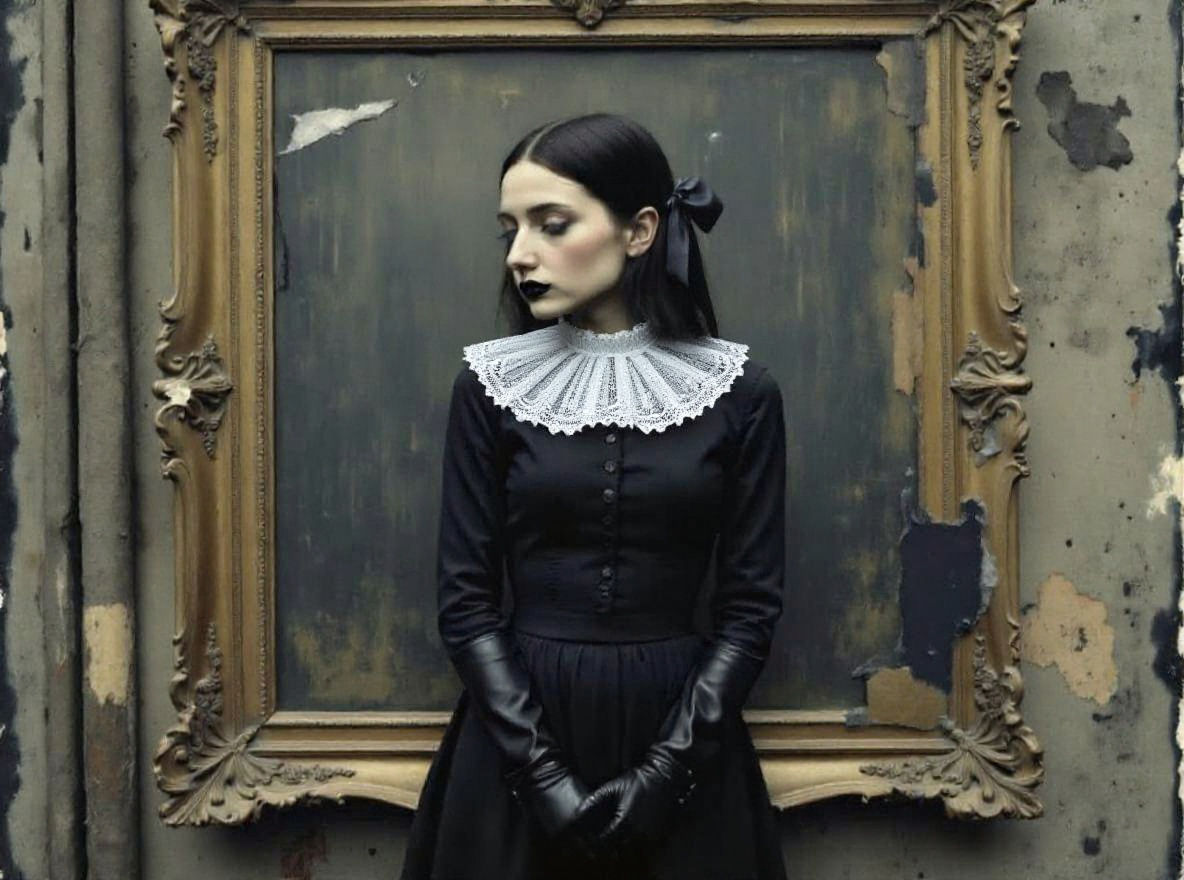 Gothic Portrait in Gilded Frame with Atmospheric Collage