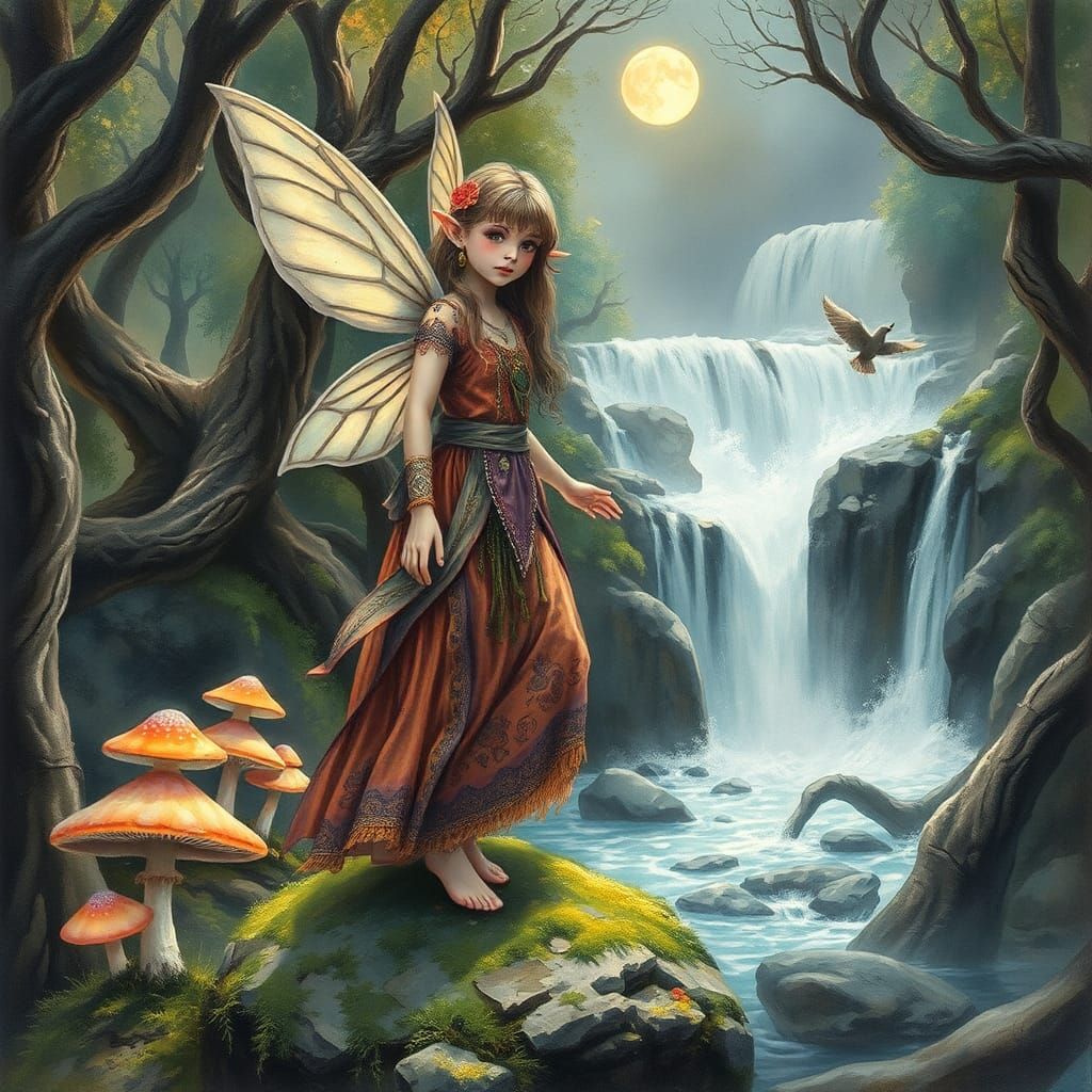 Dreamlike Fairy Elf Gypsy in Whimsical Watercolor Landscape