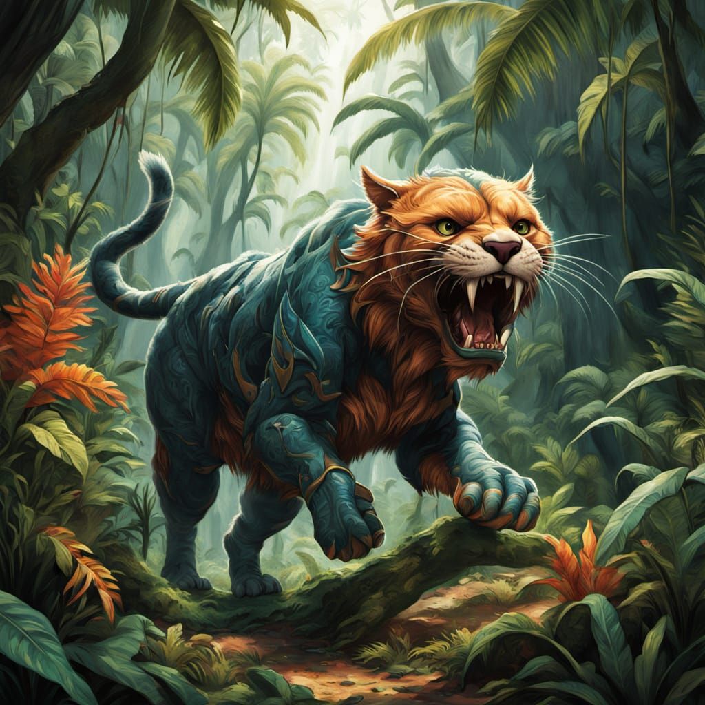 Saber-Toothed Cat Leaping Through Jungle, Manga Style