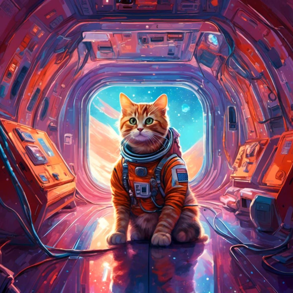 Futuristic Feline Astronaut in Space Station