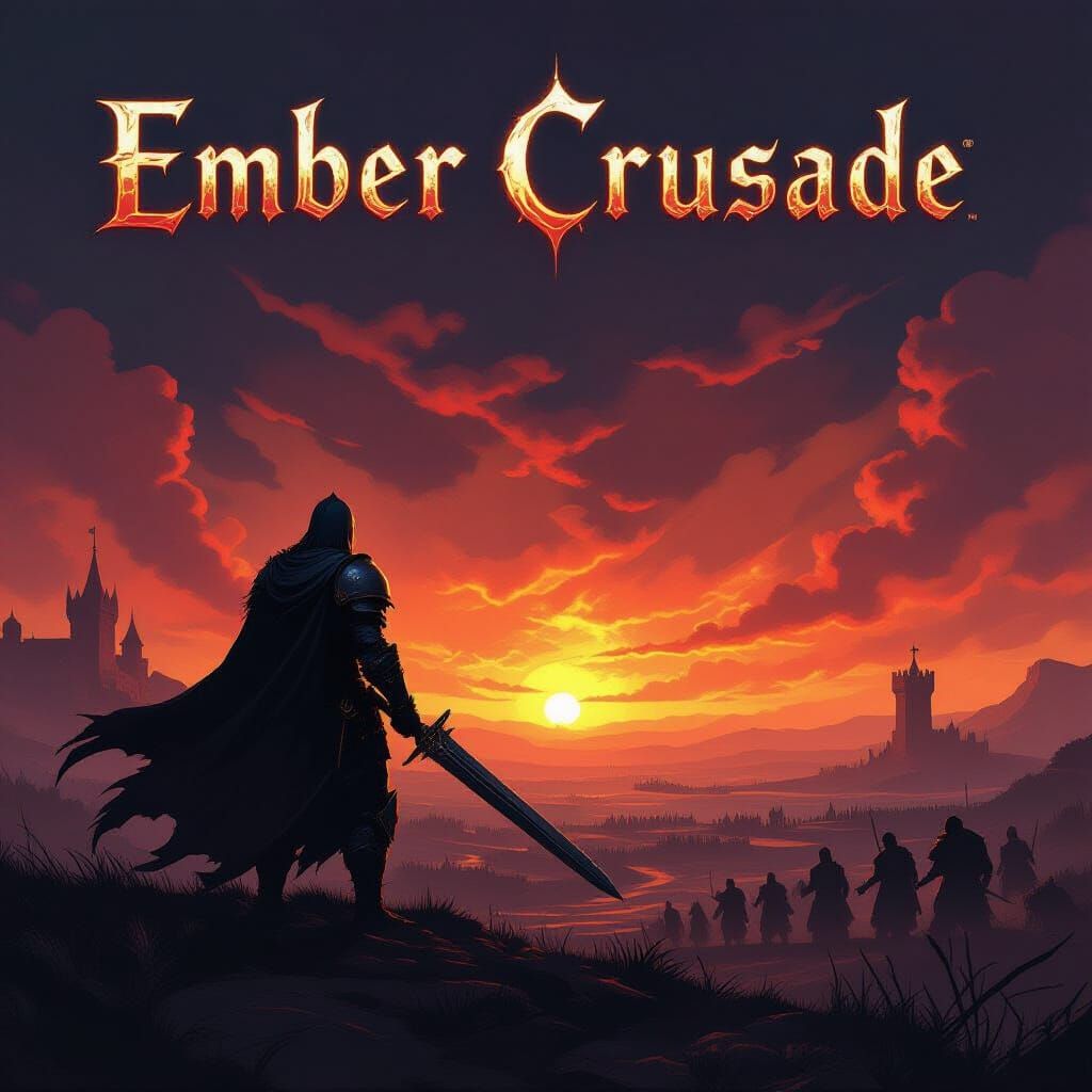 Knight Silhouetted Against Fiery Sky, Epic Fantasy Art