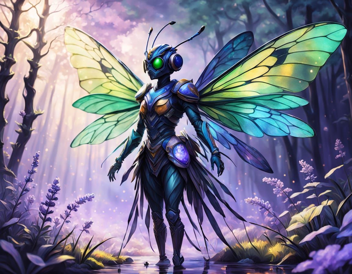 Set in a mystical glade where moonlight threads through thick canopies of enchanted trees, a striking hybrid creature st...