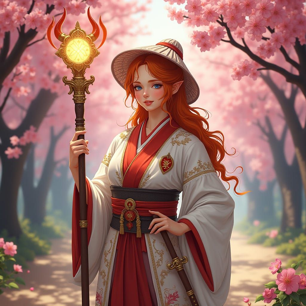 Serene Cleric Amidst Cherry Blossom Orchard in Traditional J...