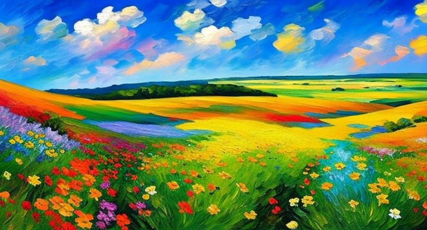 Colorful Wildflower Field Portrait in Impressionist Style