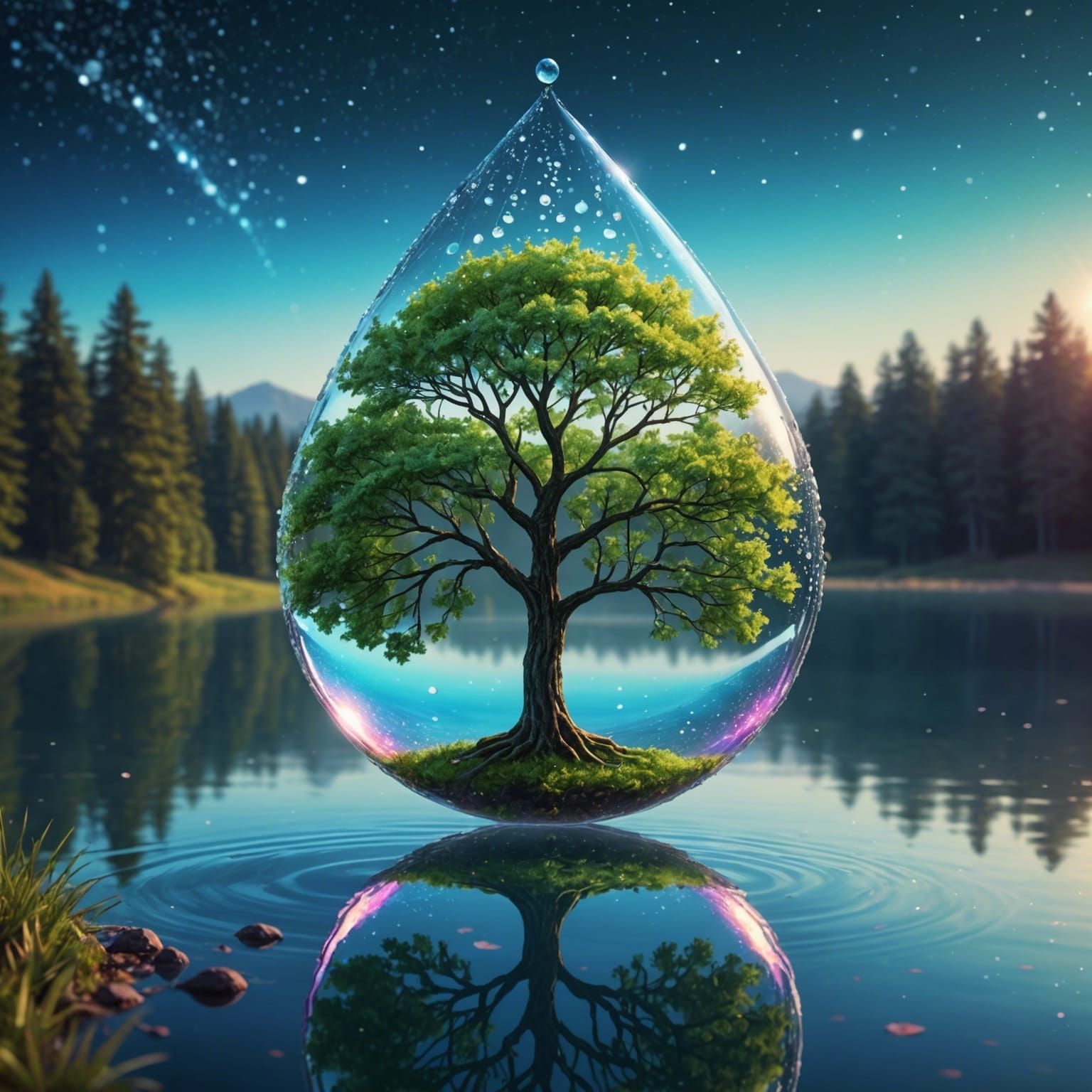 Cosmic Tree Descends on Lake in Dew Drop