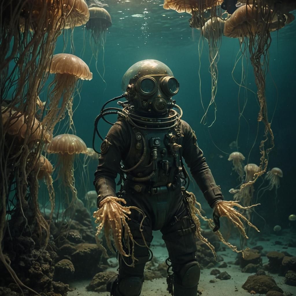 Vintage Ocean Depths with Steampunk Explorer and Glowing Med...