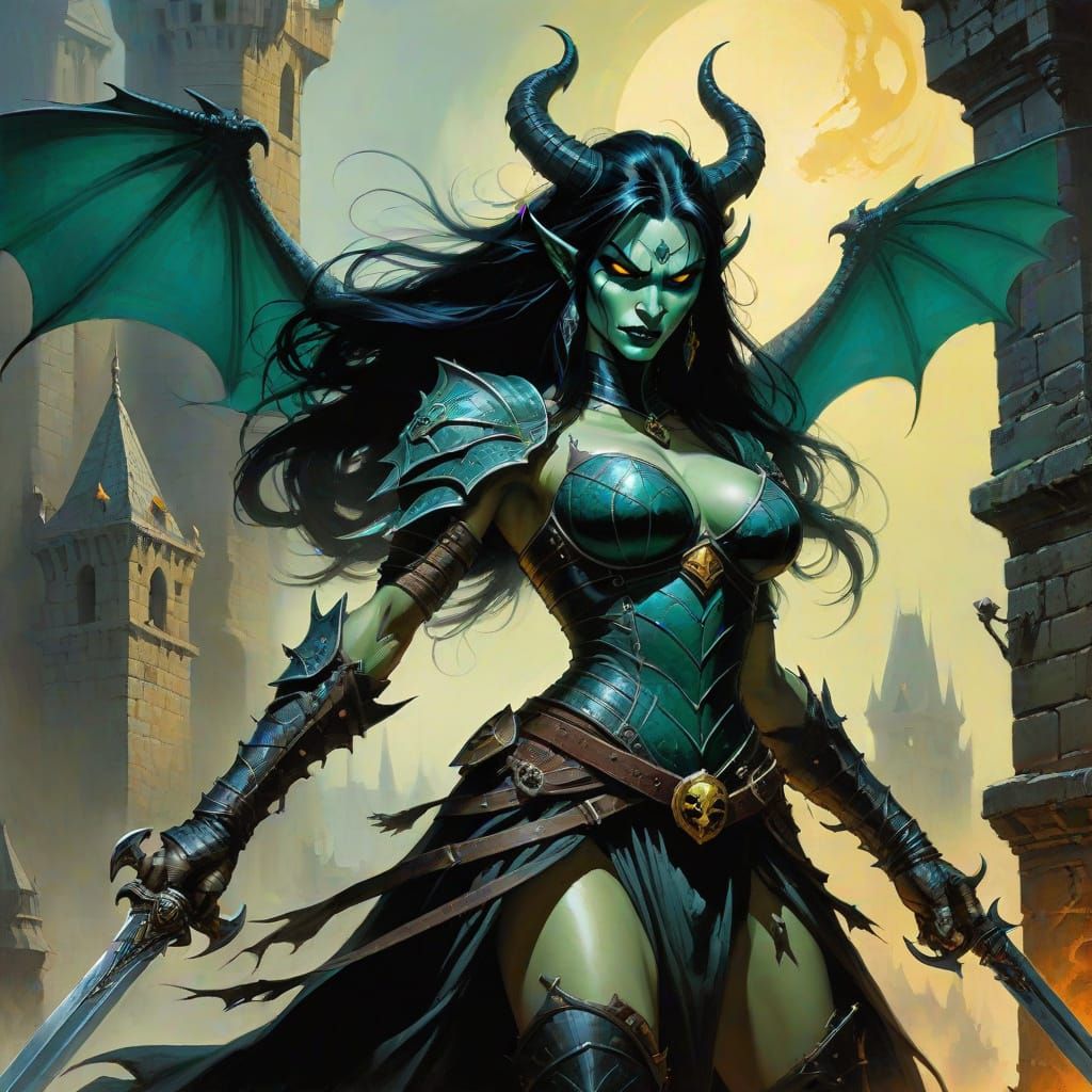 Dark Fantasy Demon Queen in Battle Stance on Castle Tower