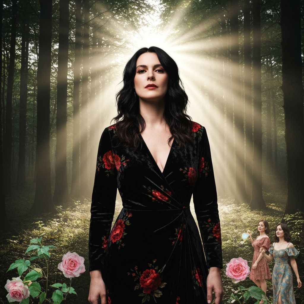 Woman with Cityscape Silhouette: Hyperrealistic 3D Rendering