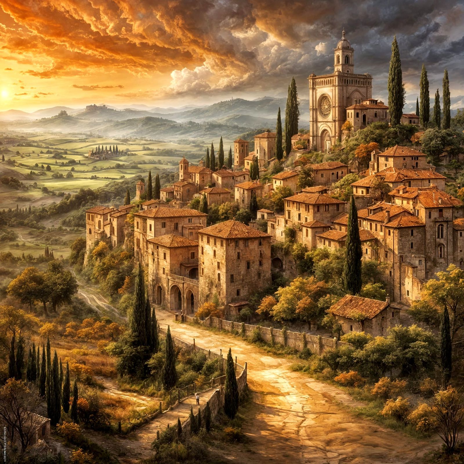 Tuscan Sunset Over Italian Countryside Town