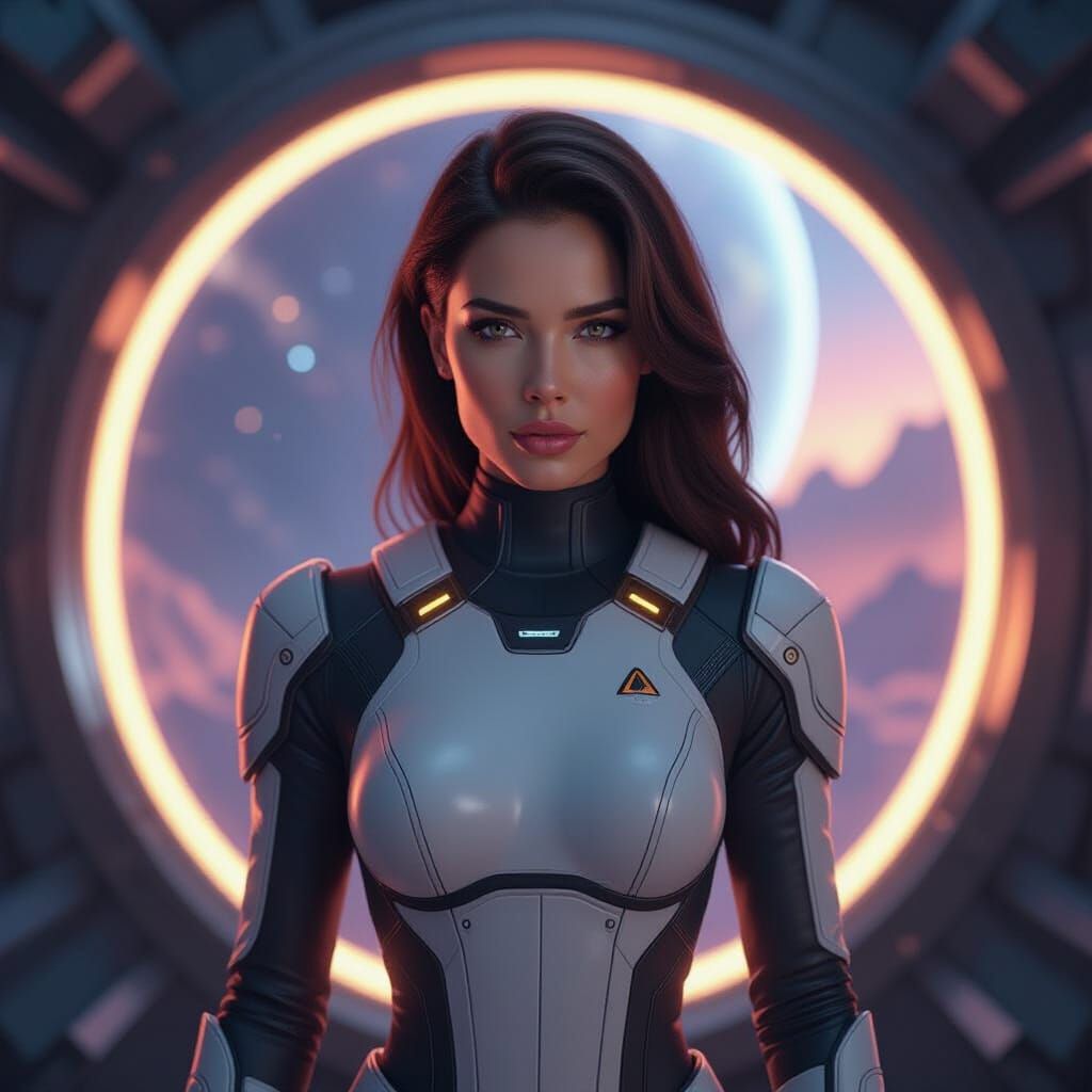 Regal Woman Before Cosmic Portal, Hyperrealistic Rendering