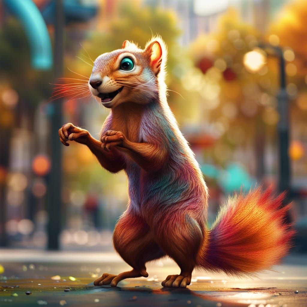 Surreal Squirrel Dancer in Vibrant Urban Setting