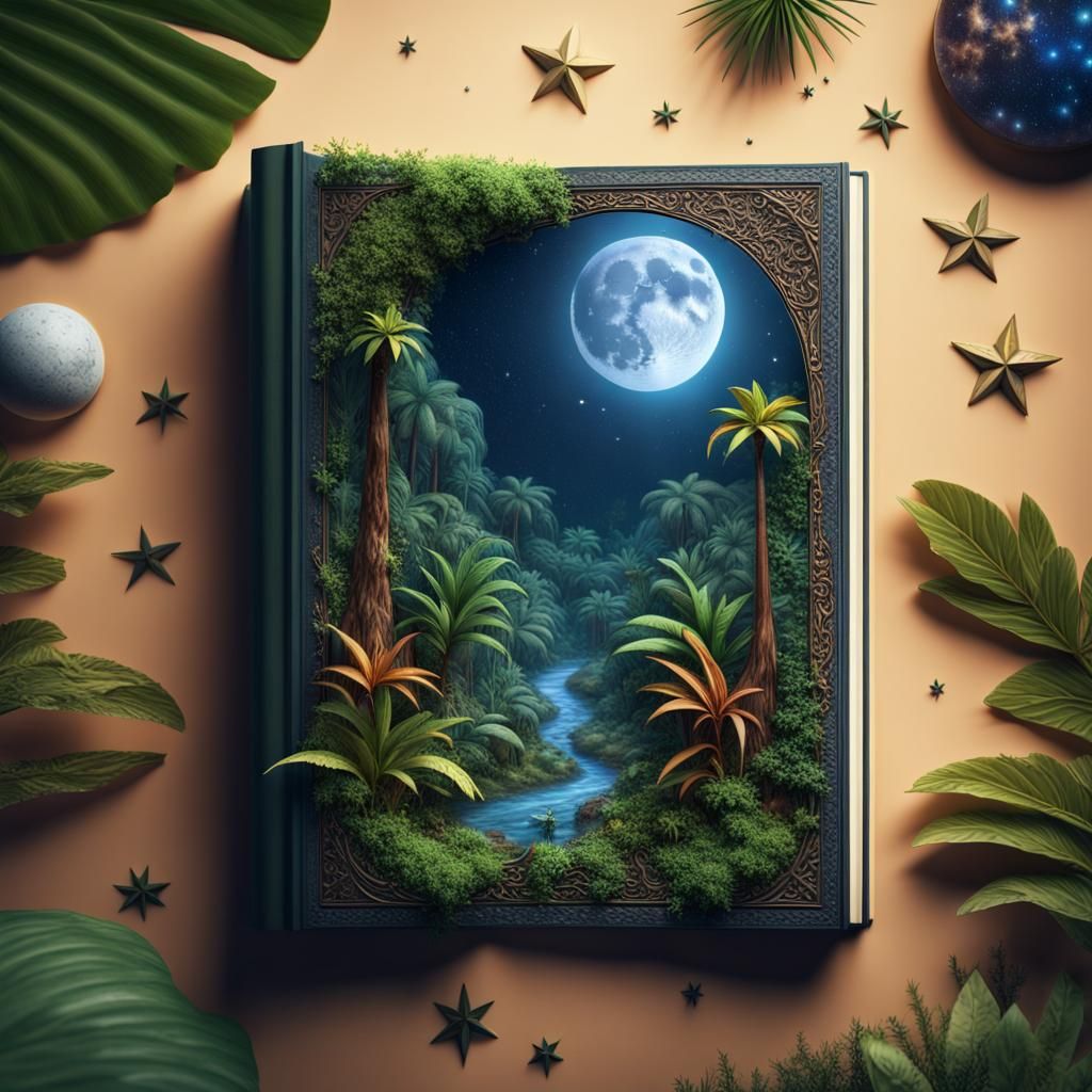 Surreal Fantasy Jungle Emerges from Ancient Tome under Starr...