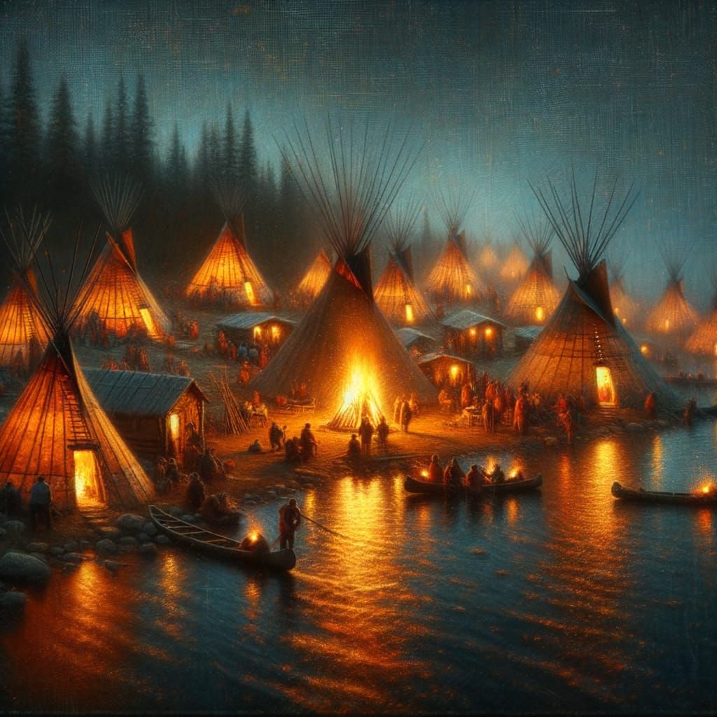 Ojibwe Village at Sunset with Bonfire, Impasto Style