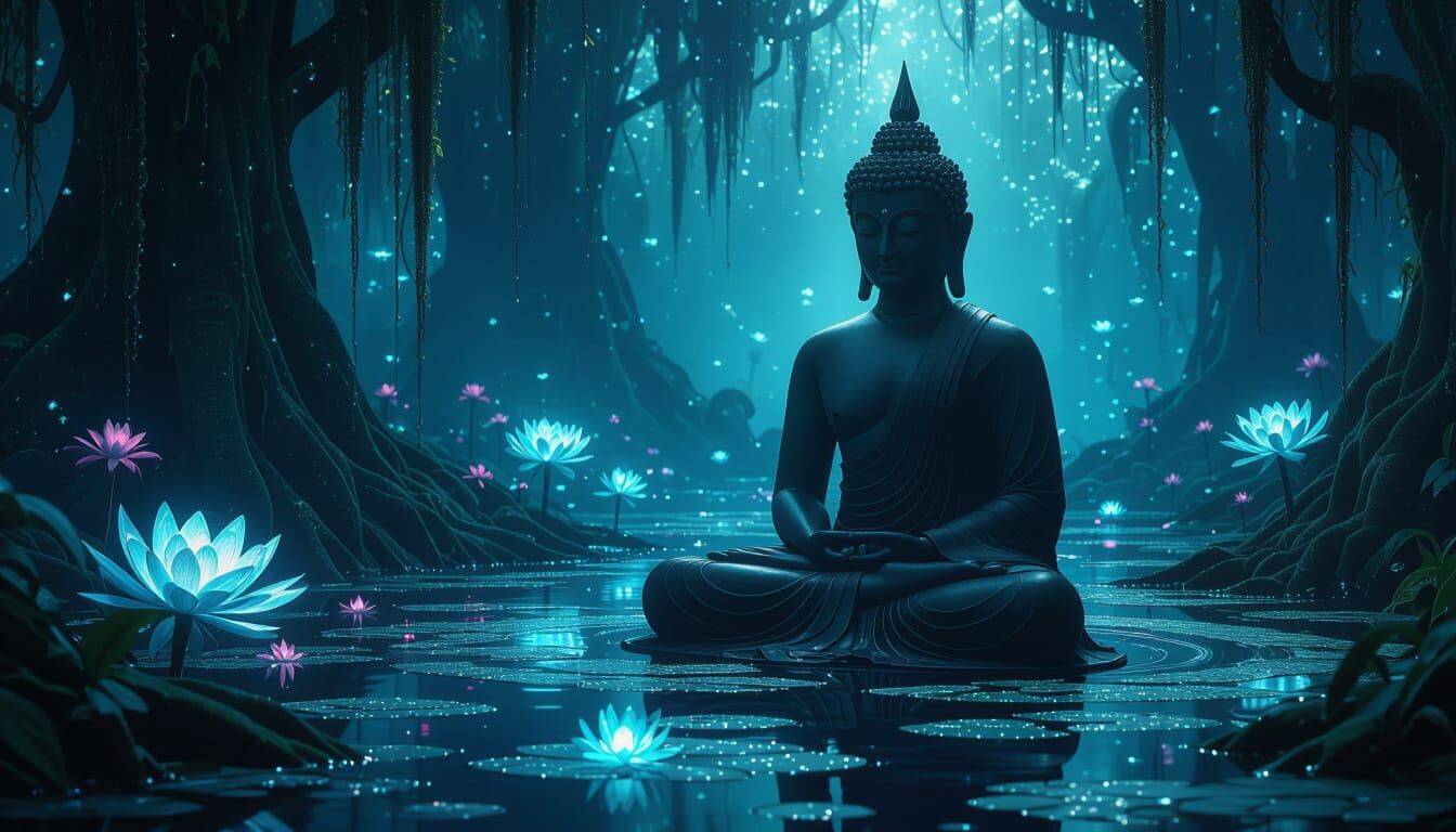Serene Buddha Meditating in Luminescent Swamp
