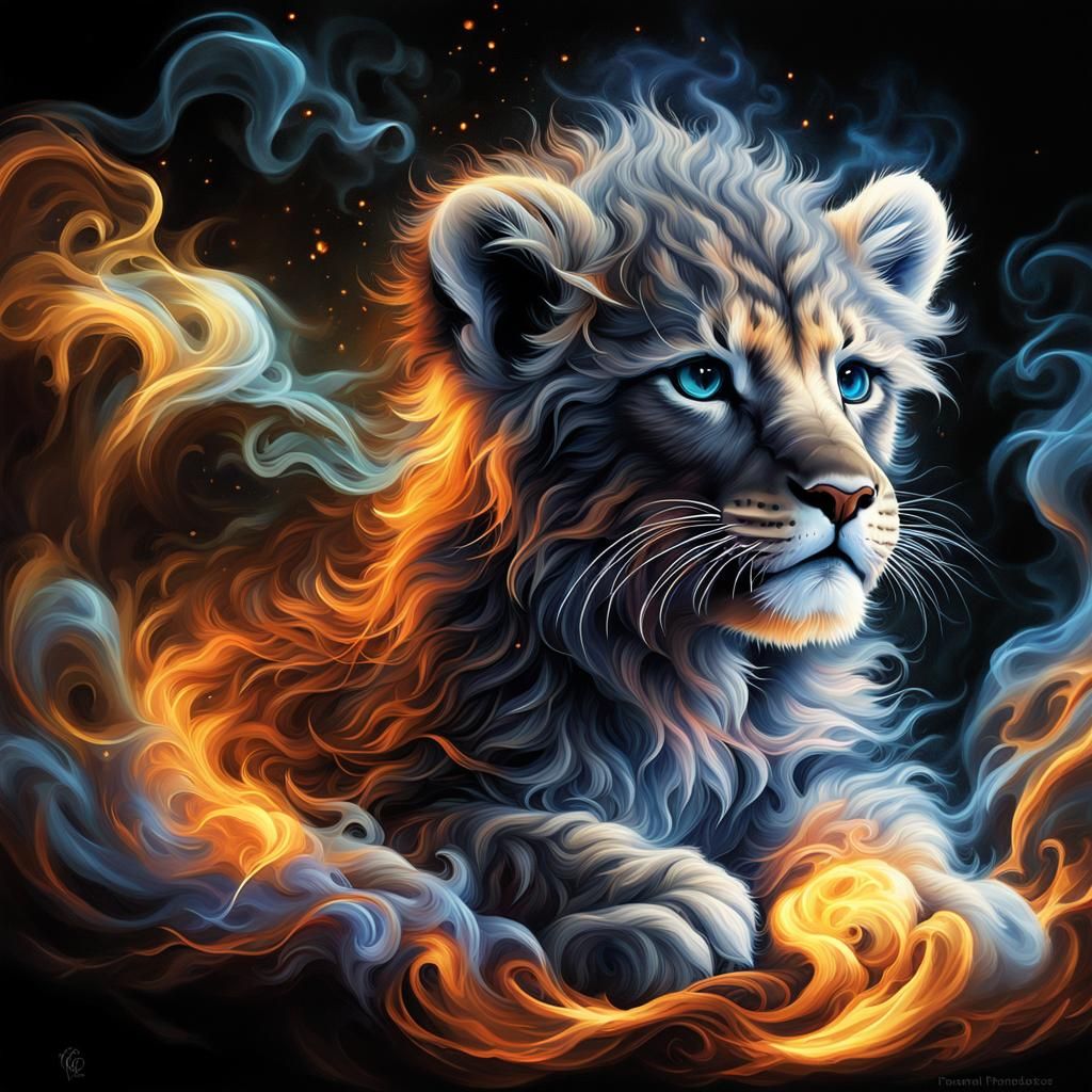 Glowing Lion Cub in Smoke-Filled Chiaroscuro Lighting