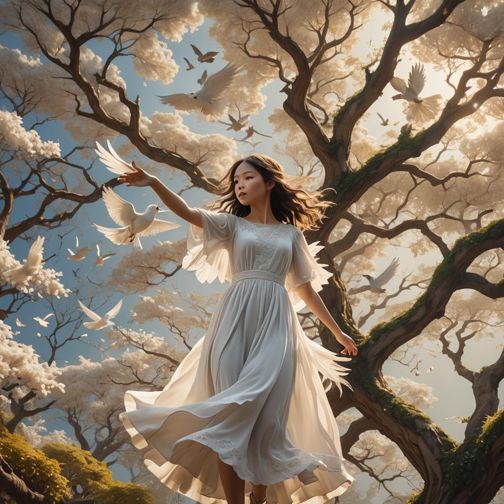 Girl Spreads Wings to Unleash Majestic Birds in Vibrant Drea...