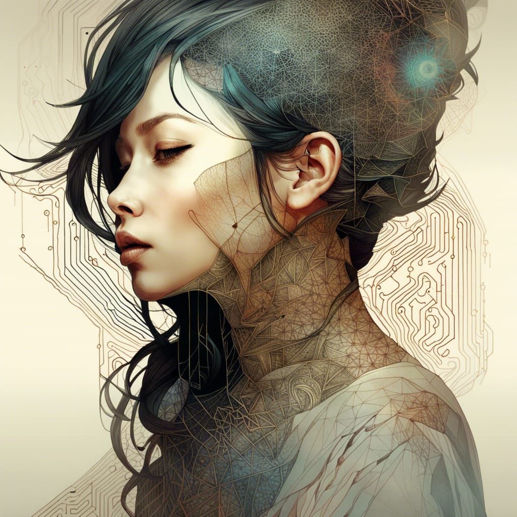 Enigmatic Woman Amidst a Whirling Mind Maze in Digital Art