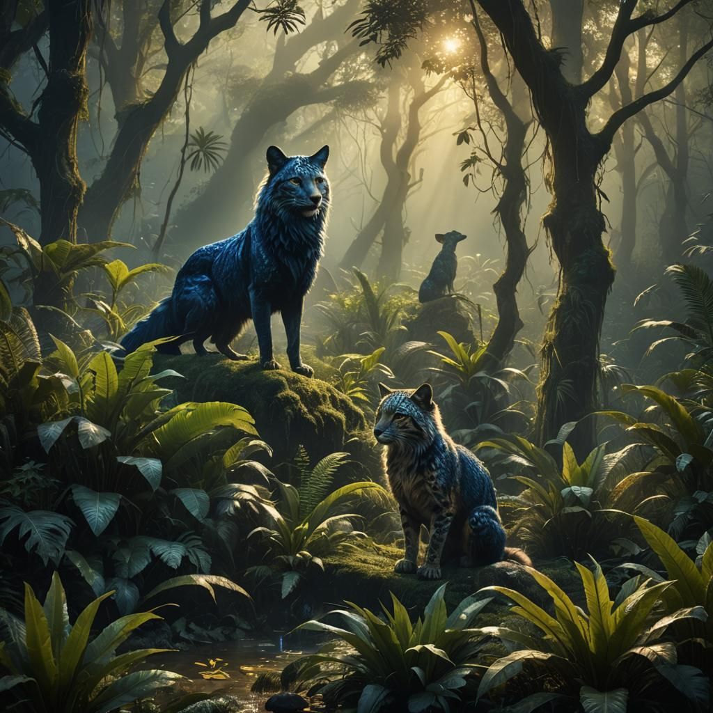 Mother and Baby Roam Fantasy Forest with Whimsical Creatures