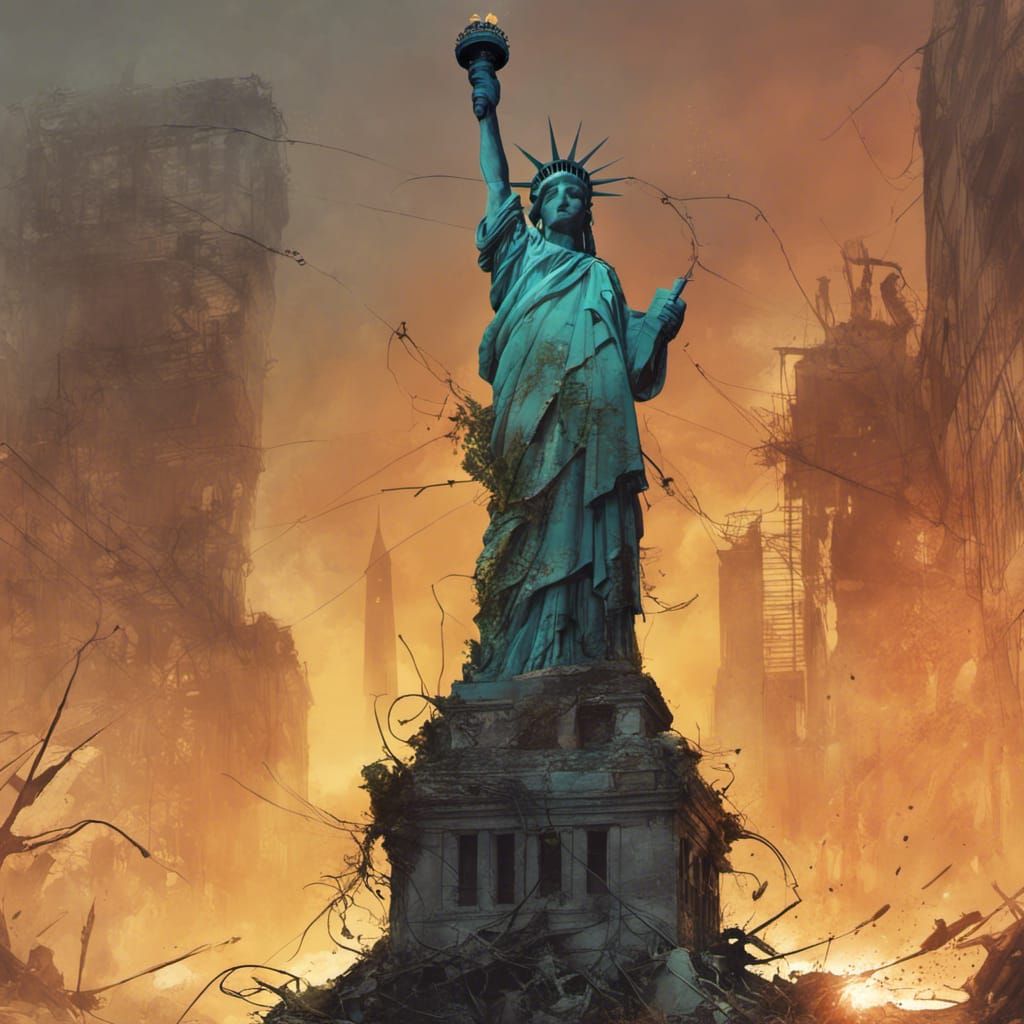 Vibrant Post Apocalypse Statue of Liberty Amidst Ruined City...