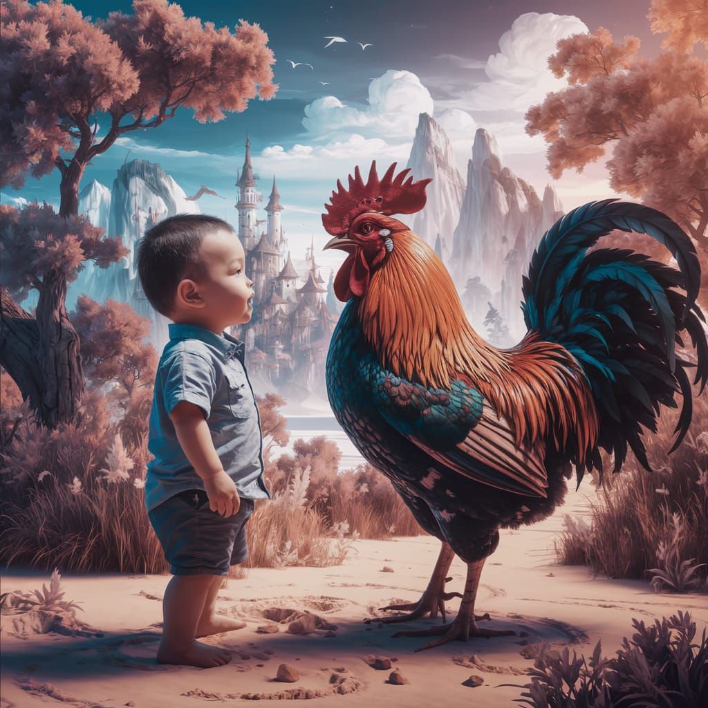 Surreal Boy Faces Off Against Majestic Rooster in Whimsical ...