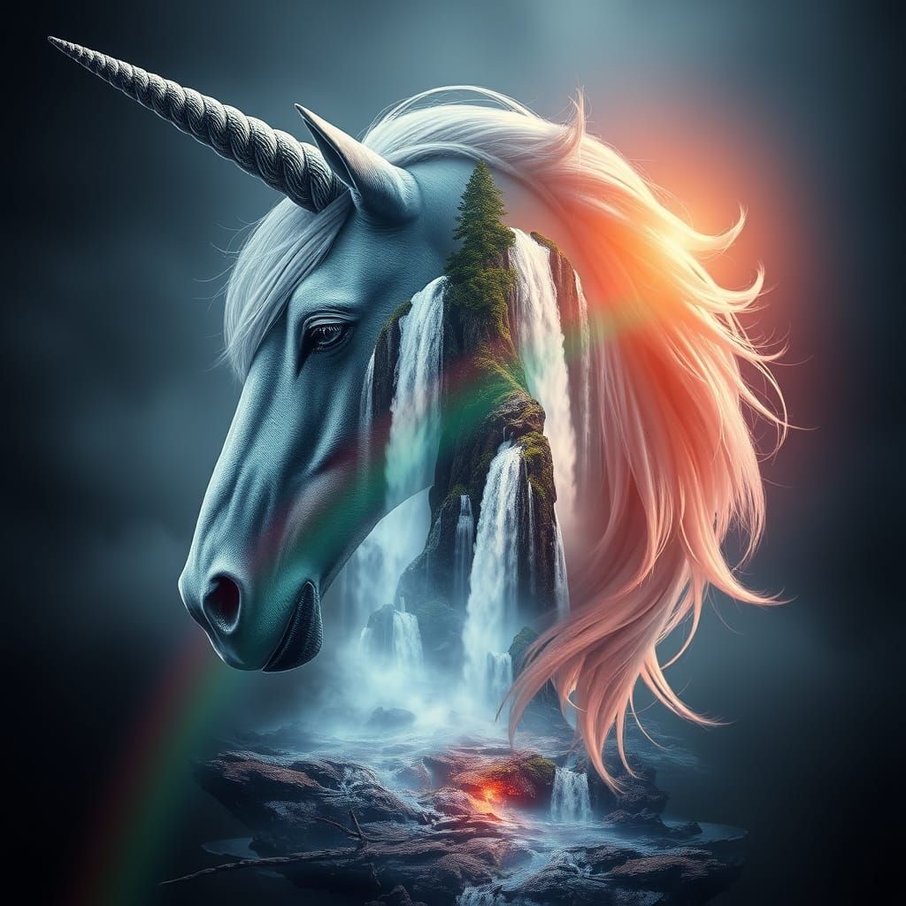 Epic Unicorn Head with Rainbow and Waterfalls in Hyper-Reali...