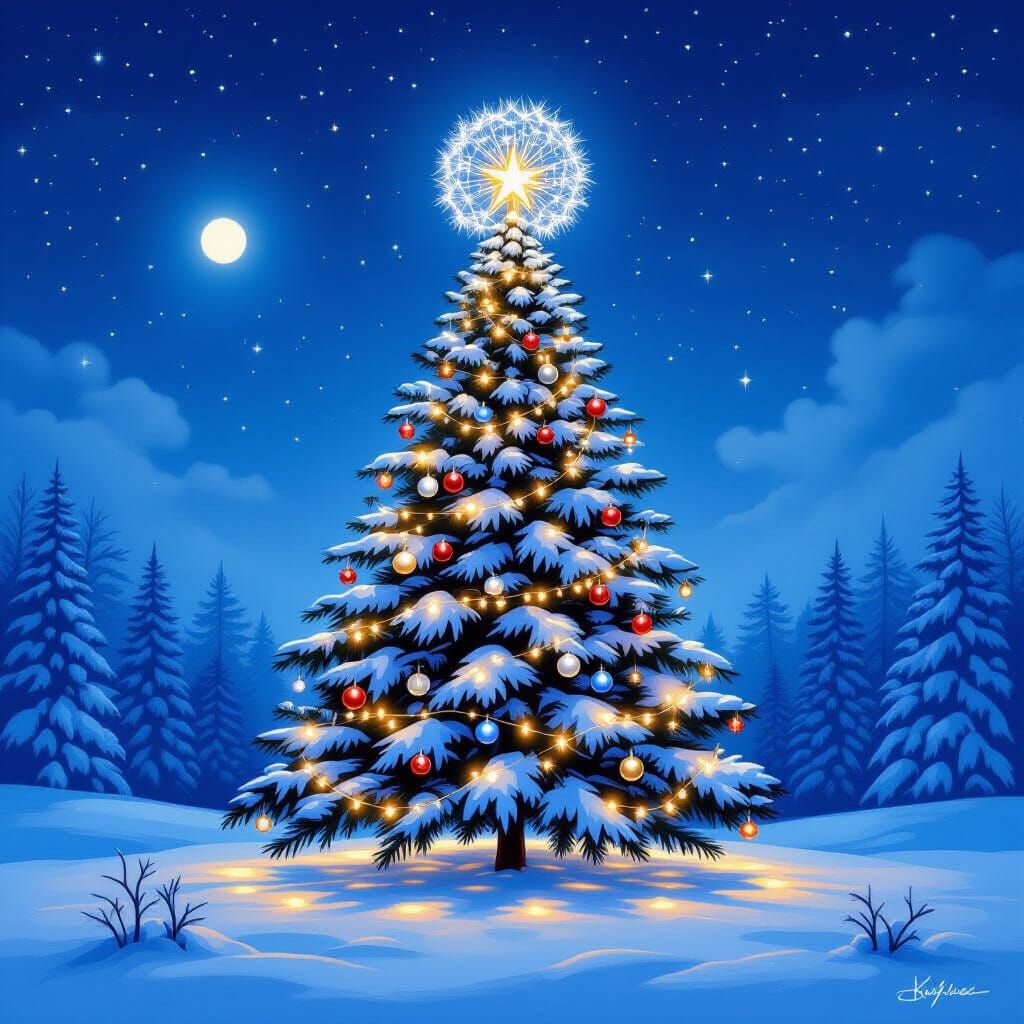 Christmas Tree with Dandelion Crown Under Starry Night