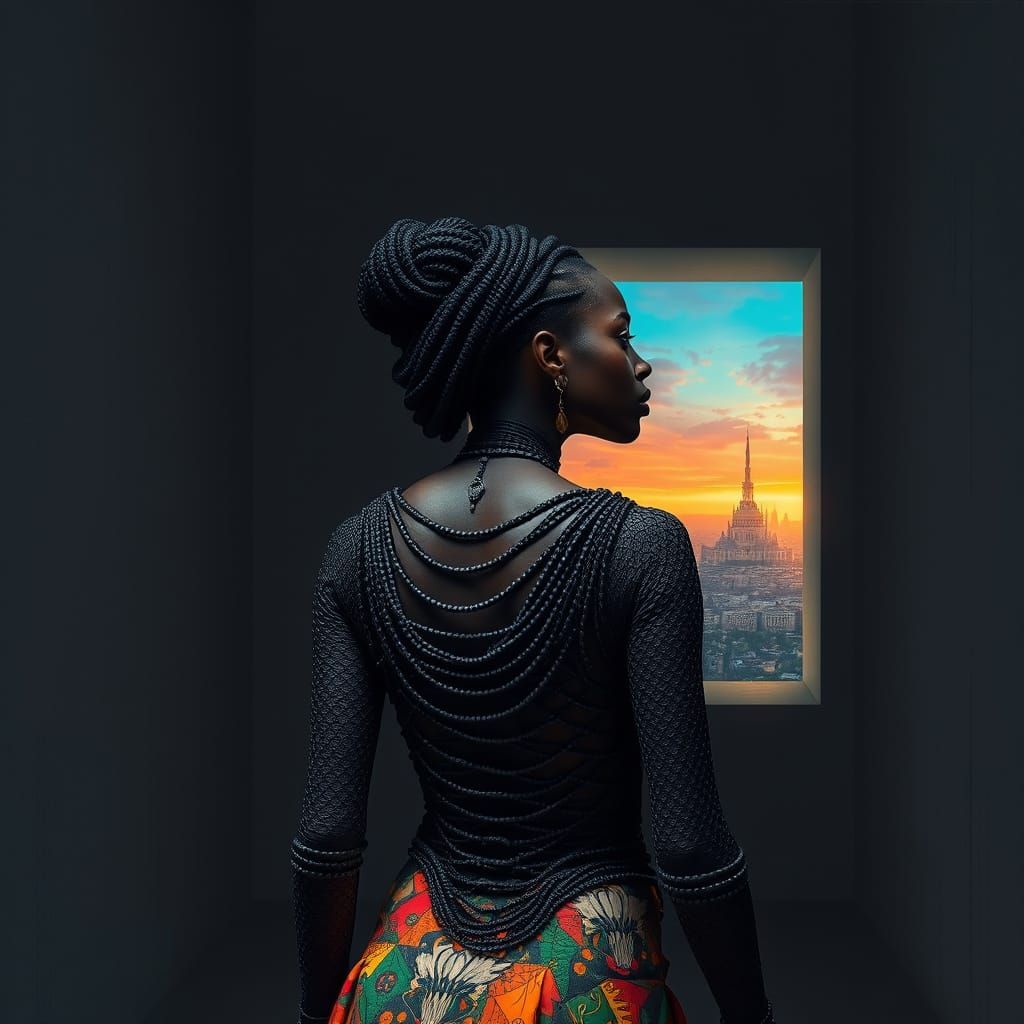 Woman Gazing at Futuristic City, Graffiti Art Style