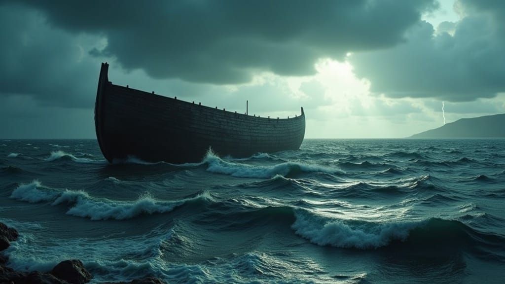Epic Biblical Scene of Noah's Ark on Turbulent Floodwaters i...