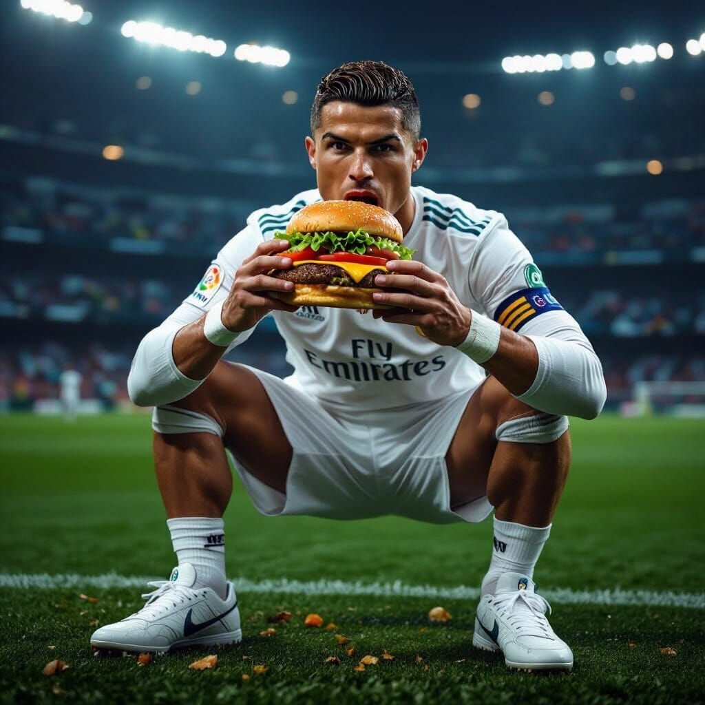 Cristiano Ronaldo Burger in Stadium: Photorealistic Image