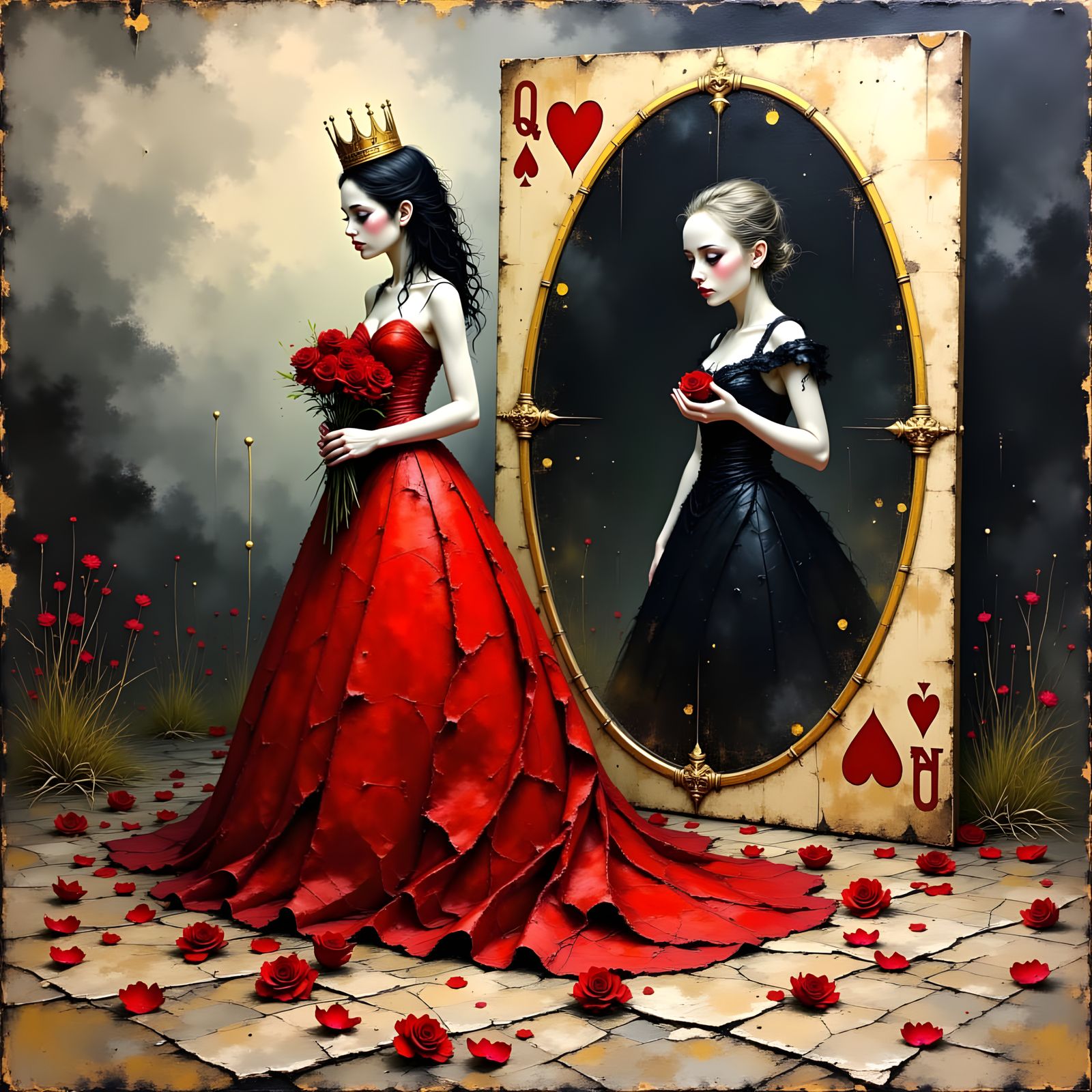 Gothic Queen with Roses, Impasto Oil Painting