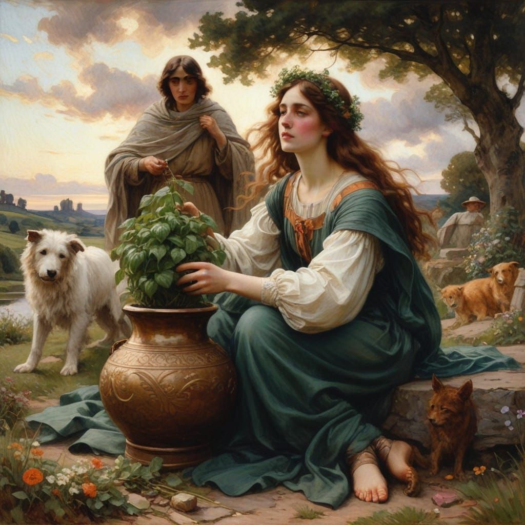 Woman in Flowing Dress Cradles Basil in Whimsical Garden Sce...