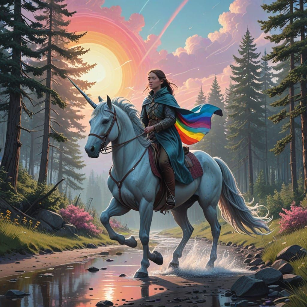Whimsical Unicorn Rider in Vibrant Dreamlike Landscape
