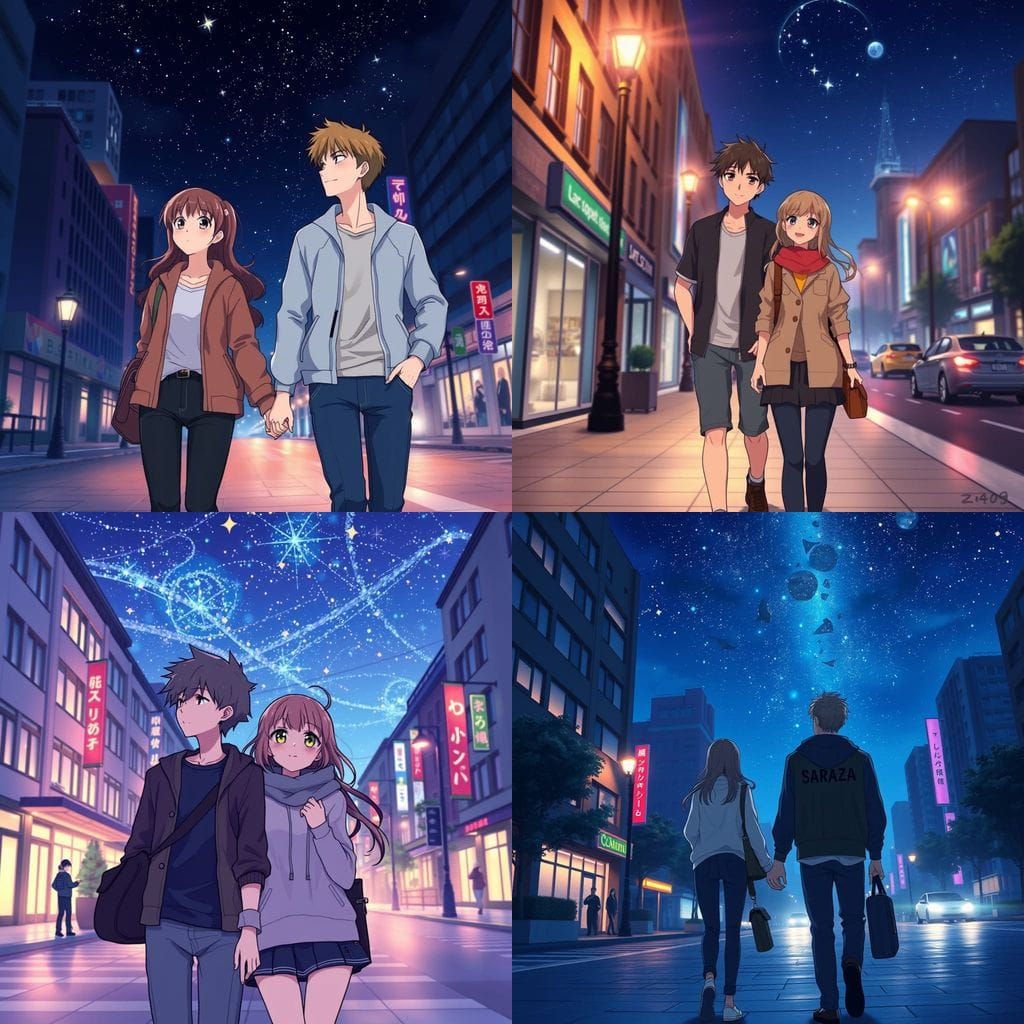 Anime Couple Strolls Under Starry Night Sky in City Streets
