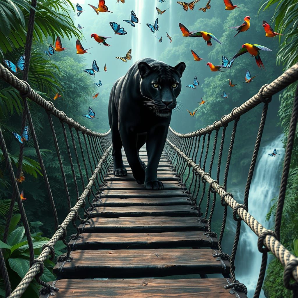 Majestic Black Jaguar Crosses Amazonian Rope Bridge Amidst V...