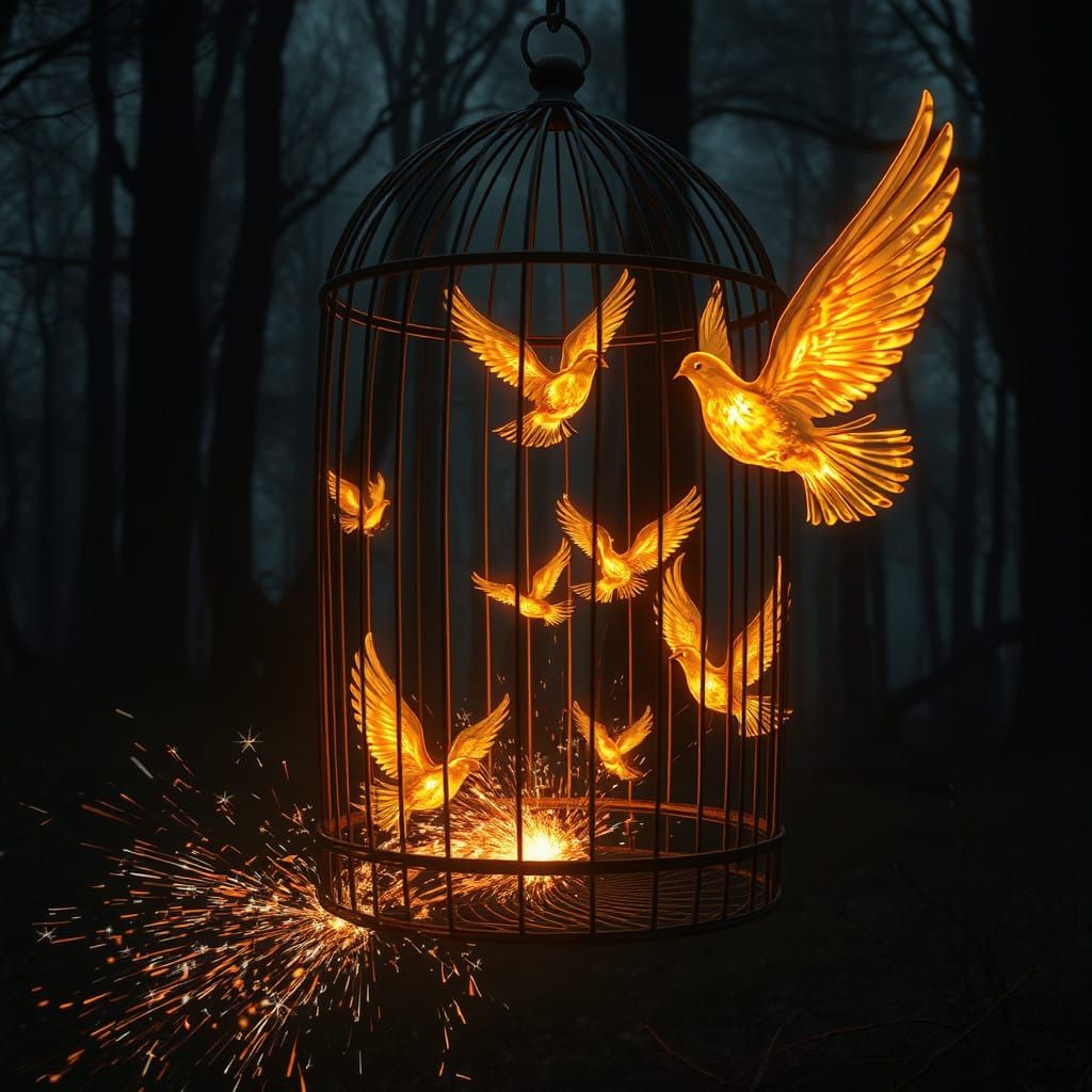 Surreal Birds Emerge from a Blazing Birdcage in a Moody Fore...
