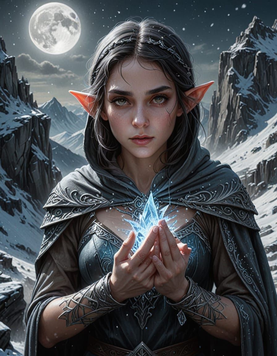 Elf Assassin Wielding Ice Power on Mountain Peak