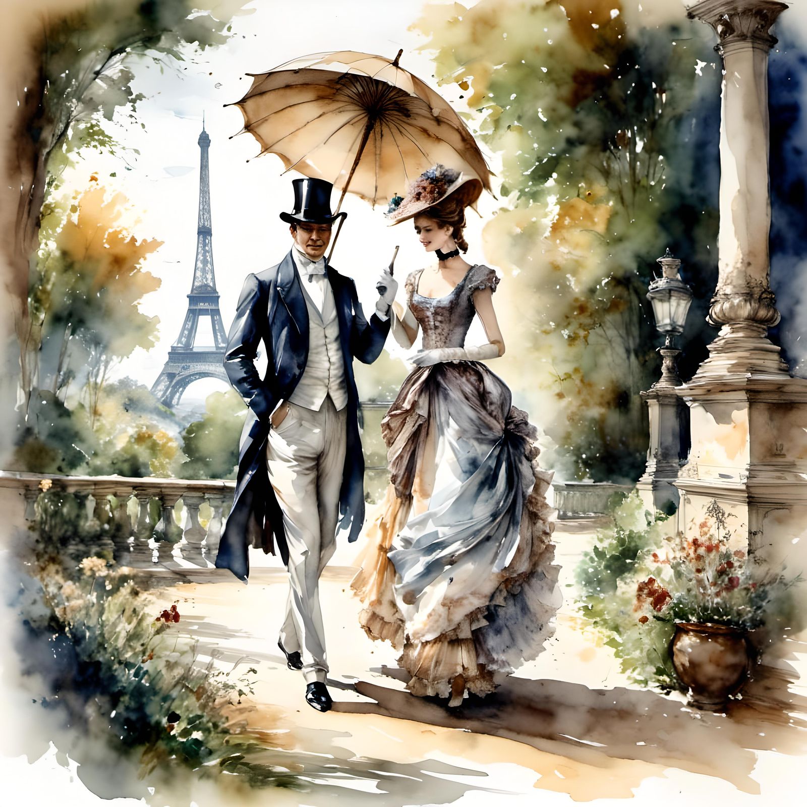 Elegant Parisian Gentleman and Lady Stroll in Garden