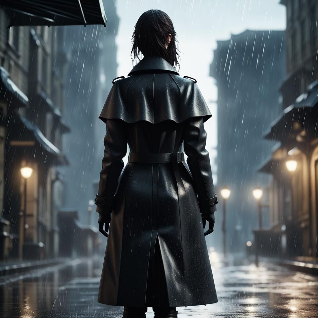 Rain-Soaked Female Figure in Epic 3D Videogame Style