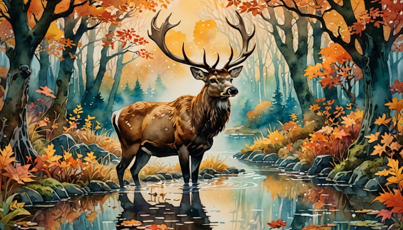 Whimsical Autumn Forest Scene in Watercolor Style