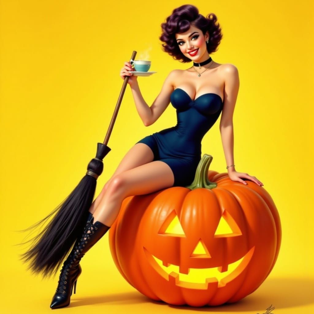 Pin-Up Witch Sips From Cup Beside Jack-o'-Lantern